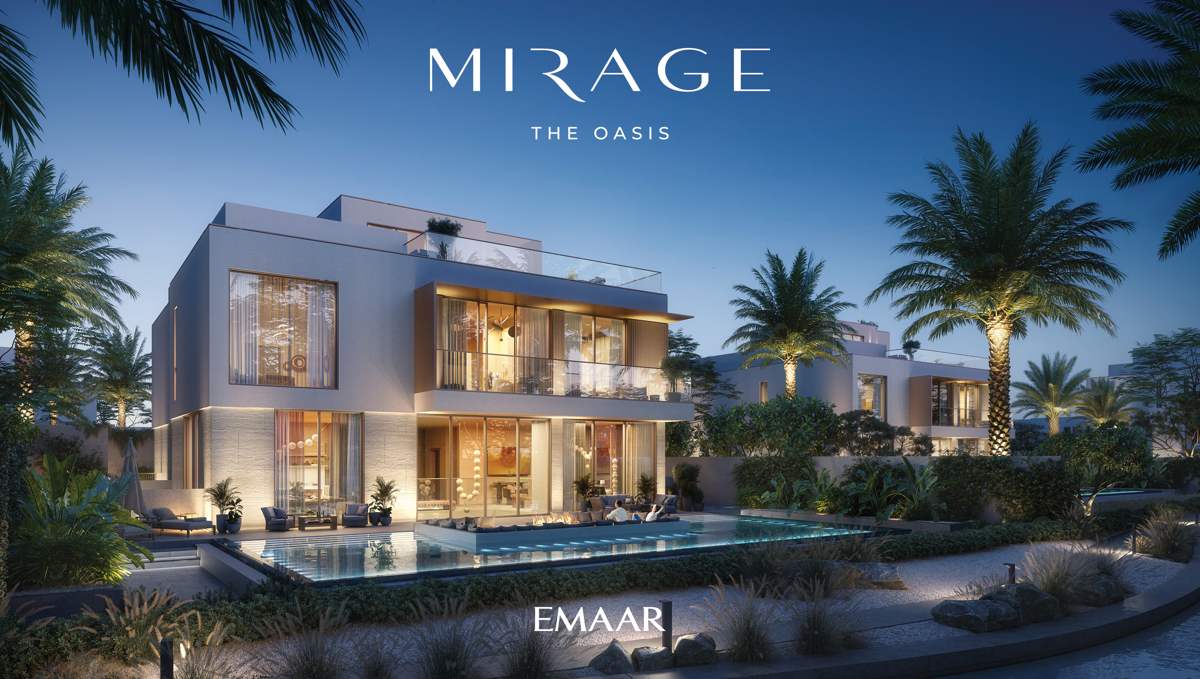 Mirage contemporary villa with pool at dusk