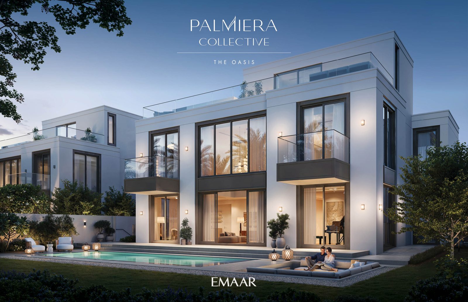 Palmiera Collective classical villa at dusk