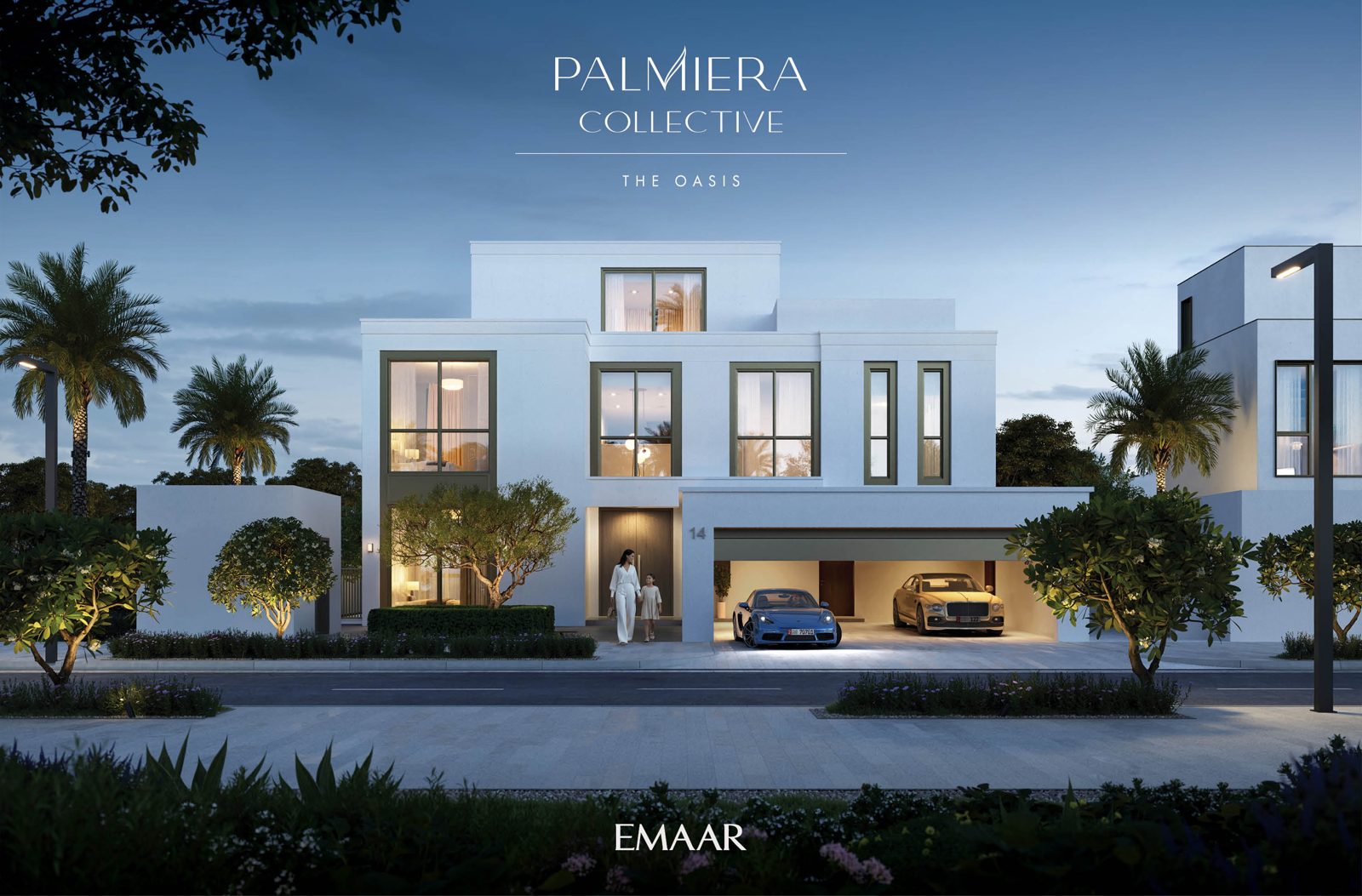 Palmiera Collective classical villa street view at dusk
